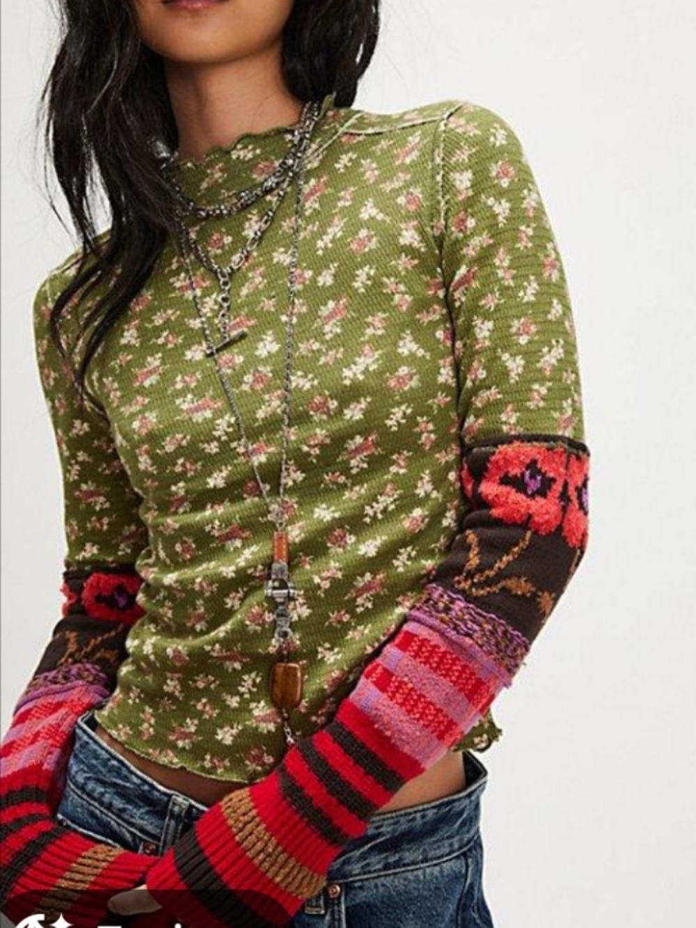 Free People Olive Green Floral Mock-Neck Top with Red and Pink Cuff Pattern